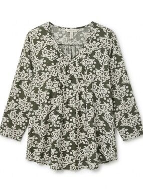 Fun2Fun Green Floral V-Neck Top Small Boho Flowy Rayon 3/4 Sleeve